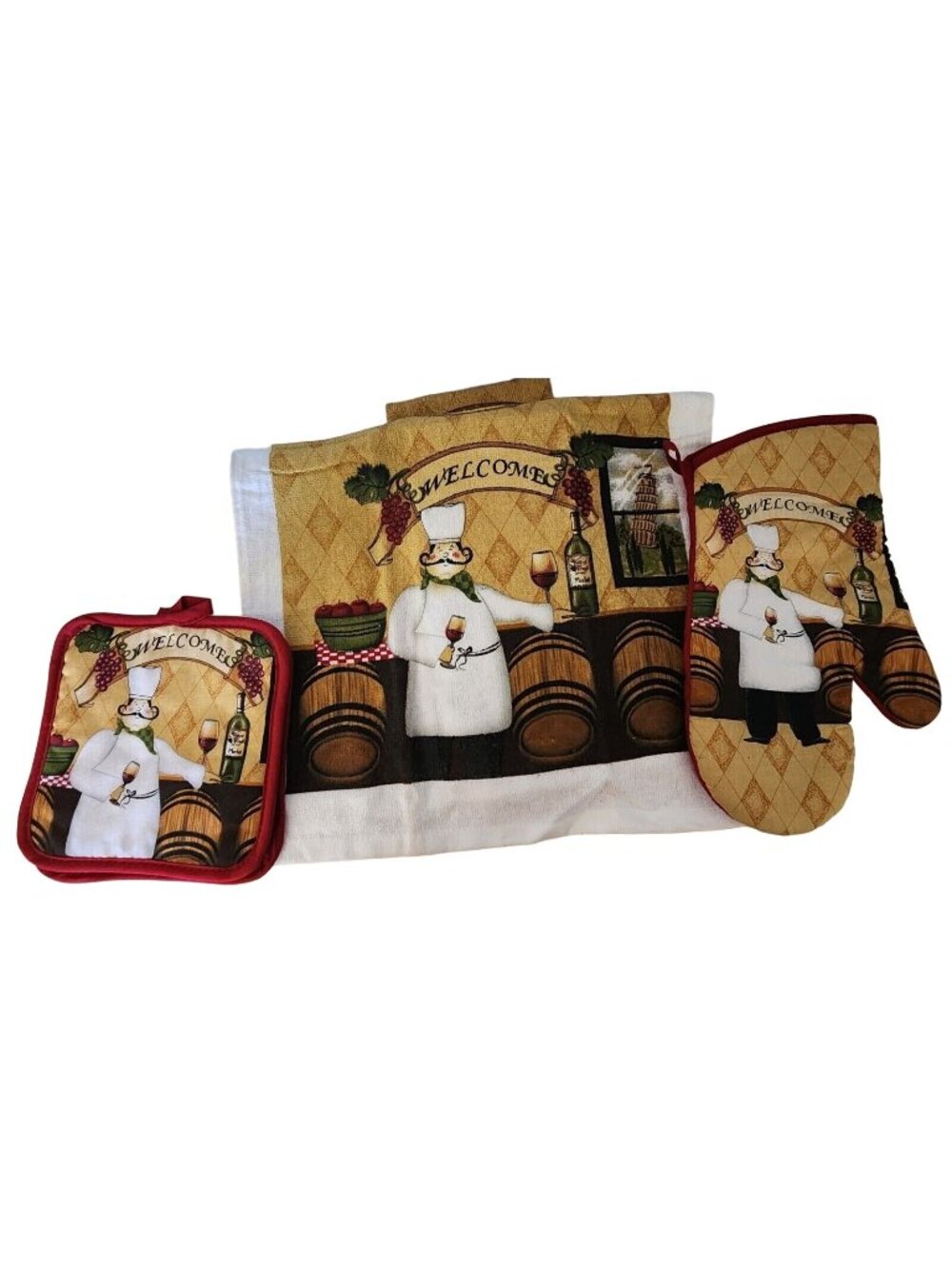 Kitchen Towel 5 Piece Set Welcome Chef   2 Towels  2 Pot Holders, 1 Oven Mitt 10